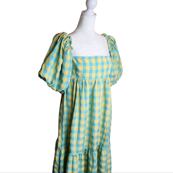 Zara Puff Sleeve Tie Back Midi Maxi Dress Blue and Yellow Checked Size Small - Picture 4 of 9